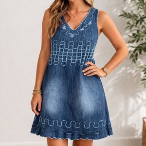 Cotton Natural Women Large Denim Dress Blue Embroidered Sleeveless Boho Scallop